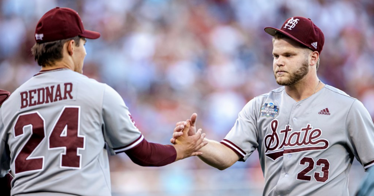 OMAHA, NE - June 20, 2021 - Mississippi State Pitcher Will Bednar (#24) and Pitcher Landon Sims (#23) during the 2021 Mens College World Series game between the Mississippi State Bulldogs and the Texas Longhorns at TD Ameritrade Park in Omaha, NE. Photo: Austin Perryman/Mississippi State Athletics.