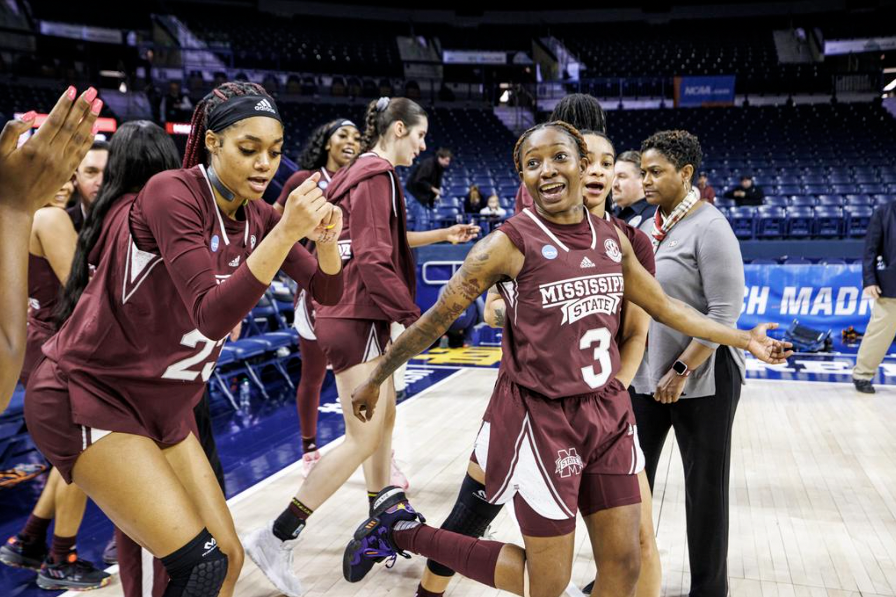 Mississippi State women's basketball team celebrates after beating the Illinois Fighting Illini during the NCAA Women's basketball tournament. Photo: Kevin Snyder/Mississippi State athletics.